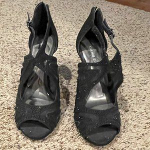 Gianni Binni Pump Heels Stiletto Cut Out Zip Peep Toe Rhinestones Black Size